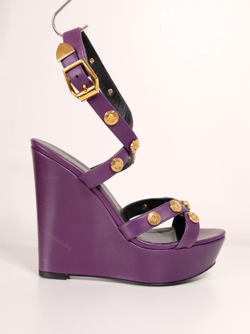 Versace Medusa Studded Platform Wedge Sandals, Royal Purple, size